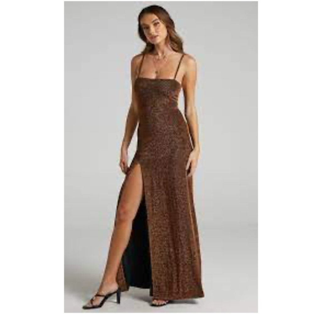 RHEANNON SPLIT MESH MAXI DRESS IN COPPER LUREX SHOWPO